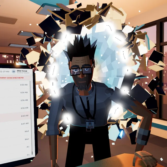 The future self, stepping out of a portal of shattered light