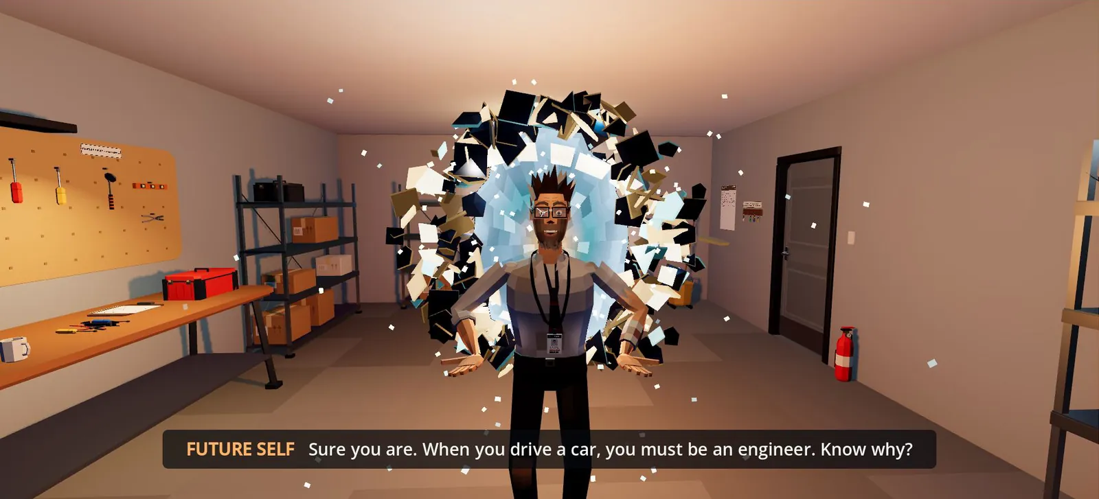 The future self, arms out, emerging from a portal in Maintenance Storage