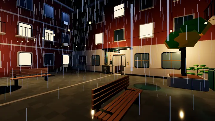 Westview's courtyard at night in pouring rain