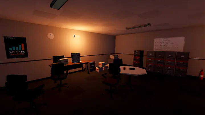 The same finance office in the orange light of evening