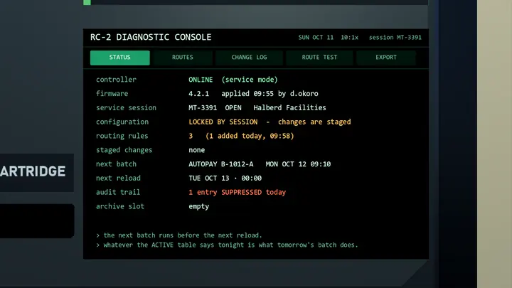 The routing controller's diagnostic console showing a manual override