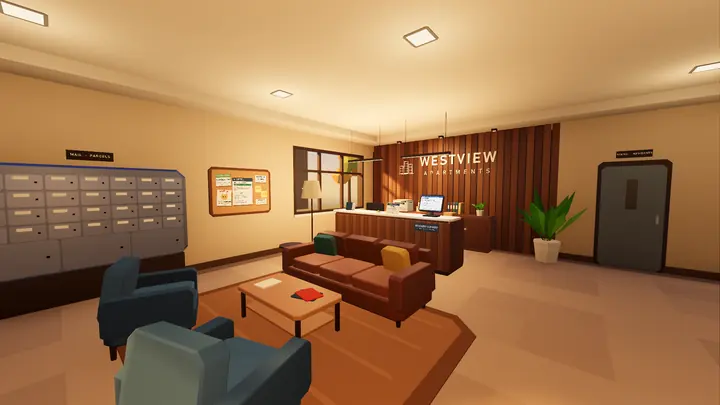 Westview Apartments lobby, warm afternoon light